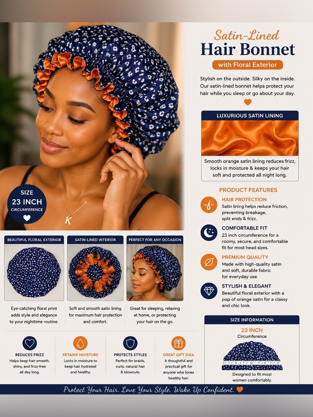 Orange Satin lined Hair Bonnet with Floral exterior